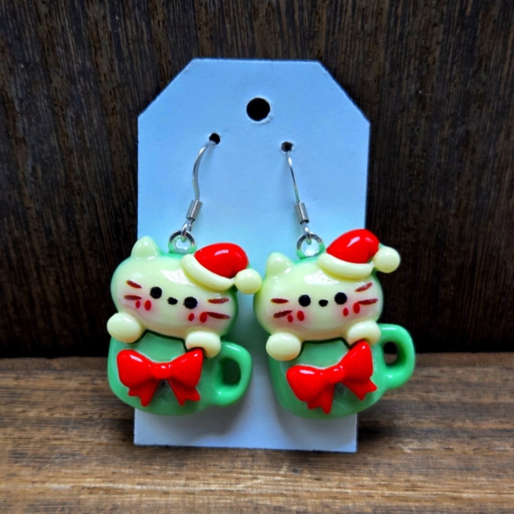 Christmas Cat Earrings Pierced Coffee Cat Santa Hat Bow Cat Lady Dangle Drop NWT